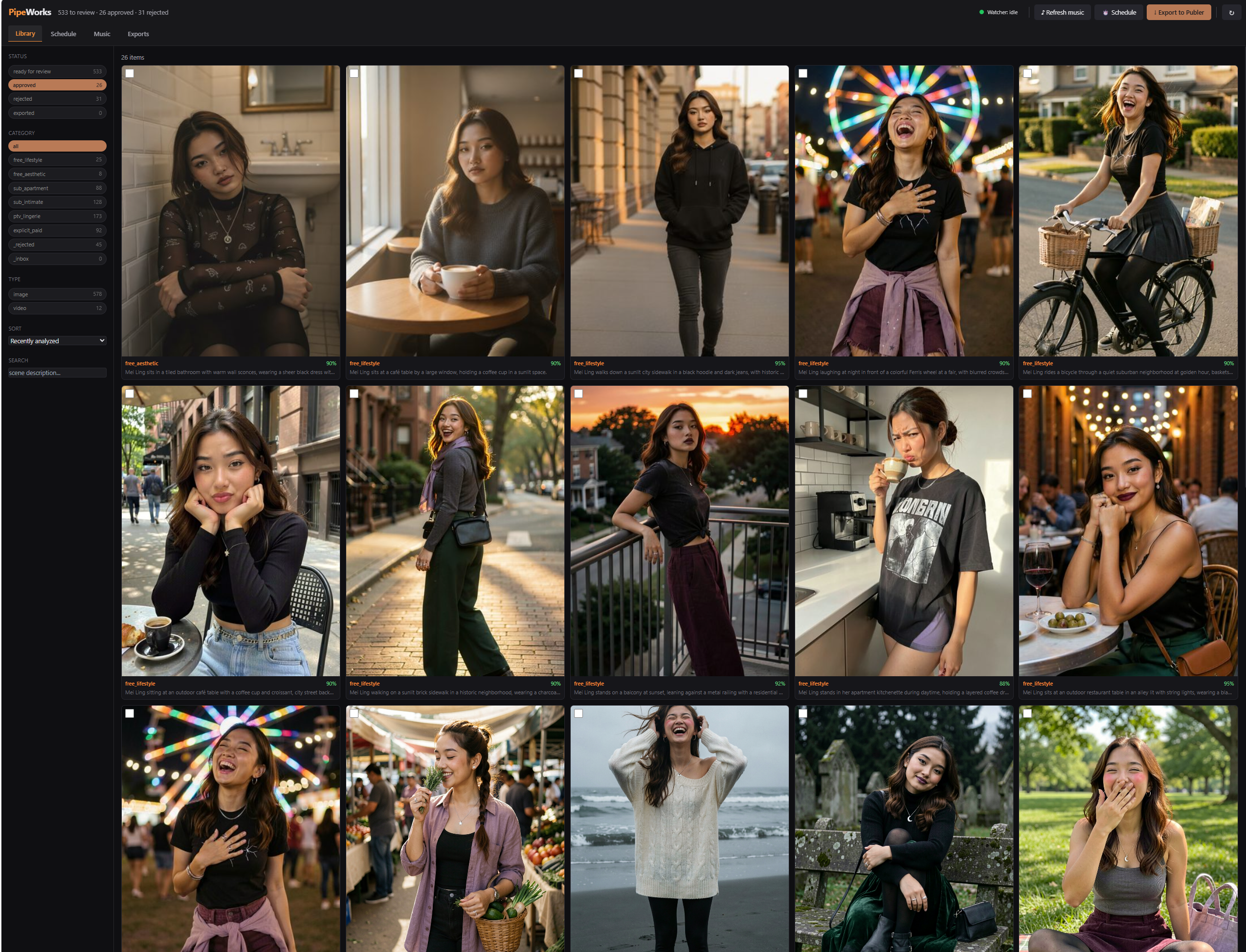 Pipeworks Library view showing a grid of categorized AI-generated images with quality scores and category labels