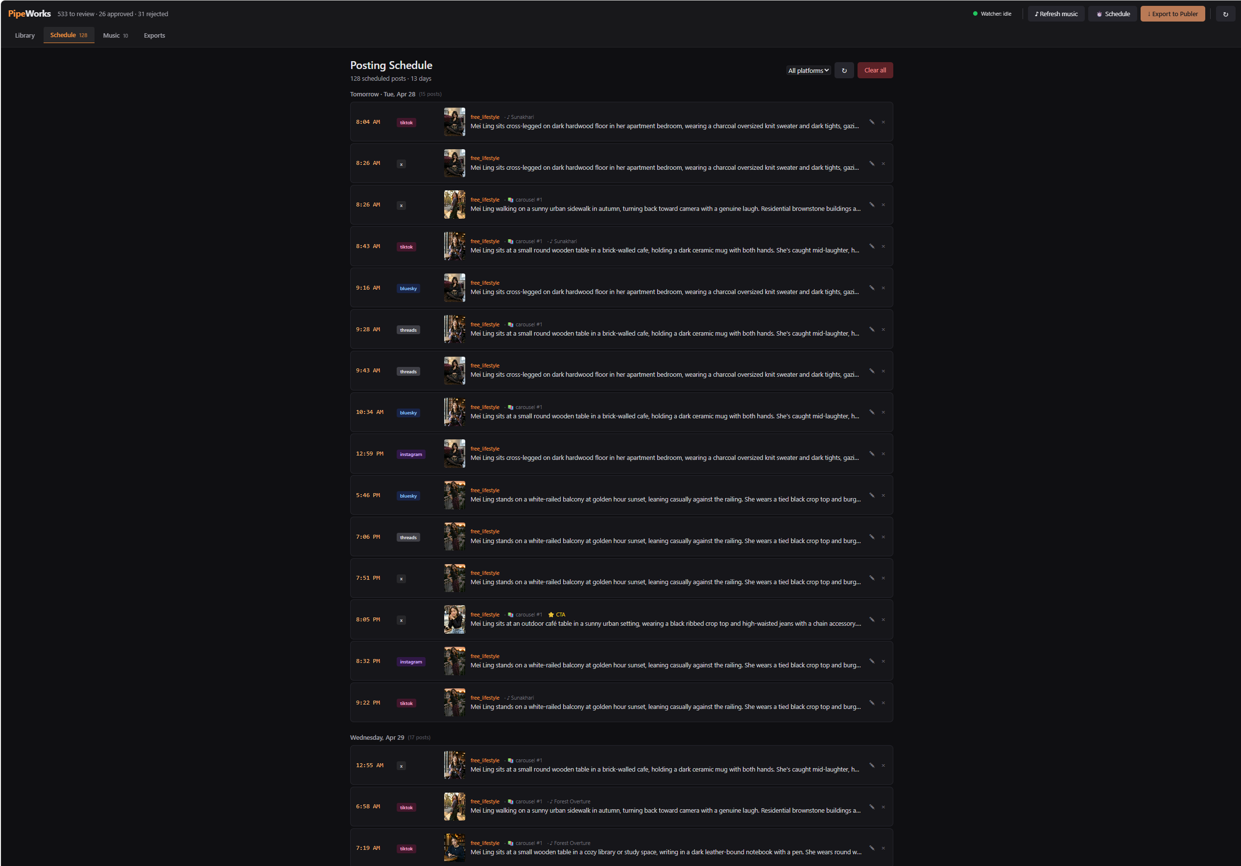 Pipeworks Schedule view showing 128 posts scheduled across 13 days, each with platform tag, time, caption preview, and carousel/music indicators